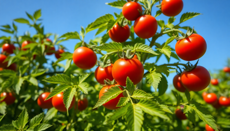 Un plant de tomates en pleine santé, avec des fruits rouges éclatants et des feuilles vertes, symbole d'une récolte abondante grâce aux astuces de jardinage