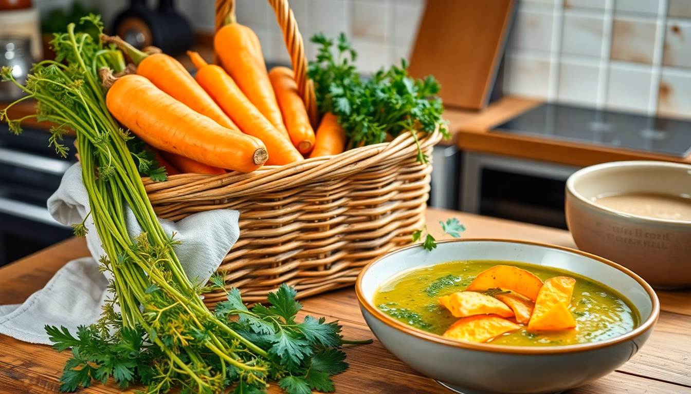 Un bouquet de fanes de carottes fraîches prêt à être cuisiné