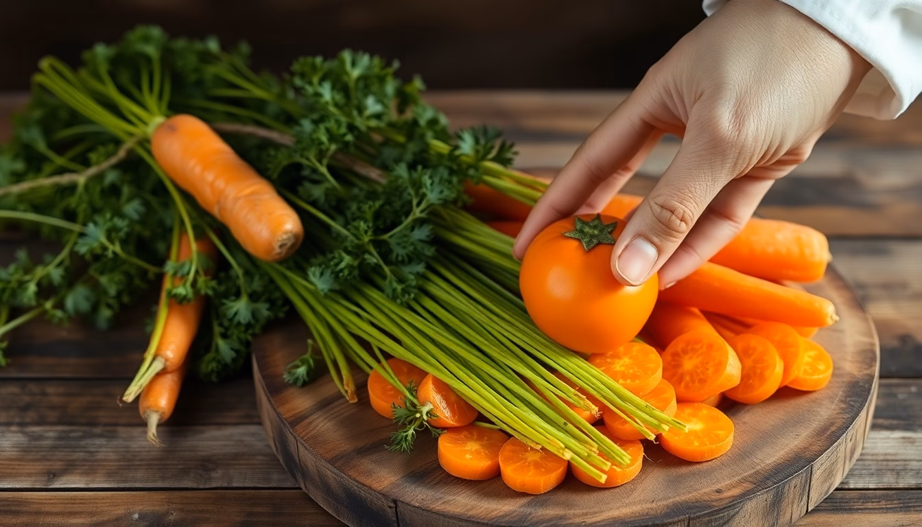 Bol rempli de fanes de carottes vertes fraîches, avec un effet scintillant