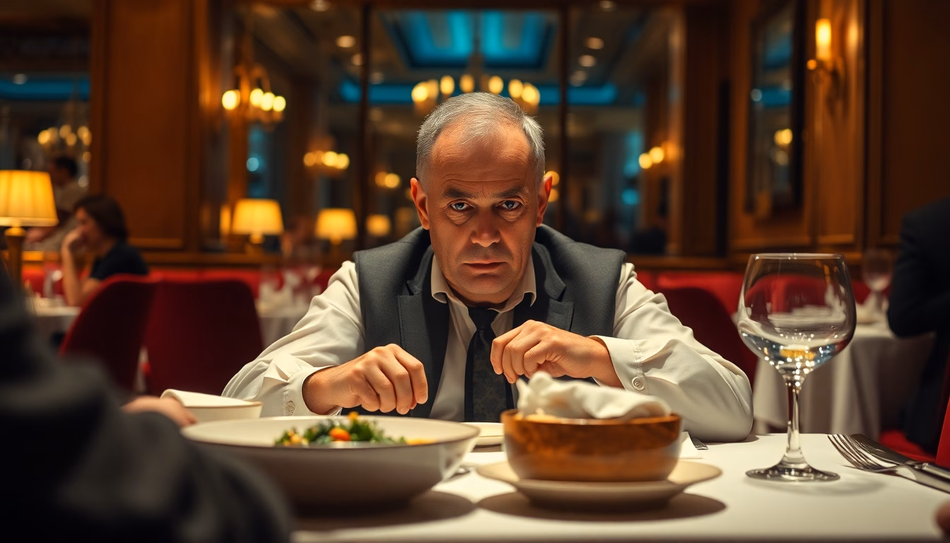 Facture de restaurant avec un montant élevé, mains croisées d'incrédulité