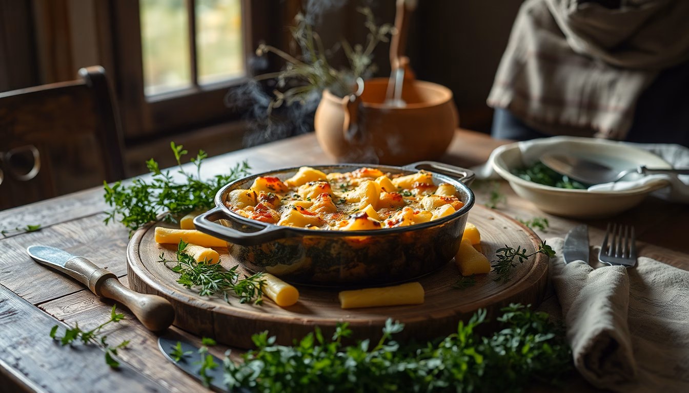 Un gratin de pâtes doré et appétissant sortant du four.