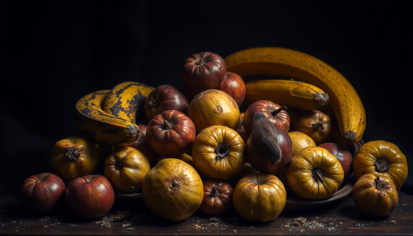 Une assiette de fruits avec une mention d'alerte sur un fruit spécifique