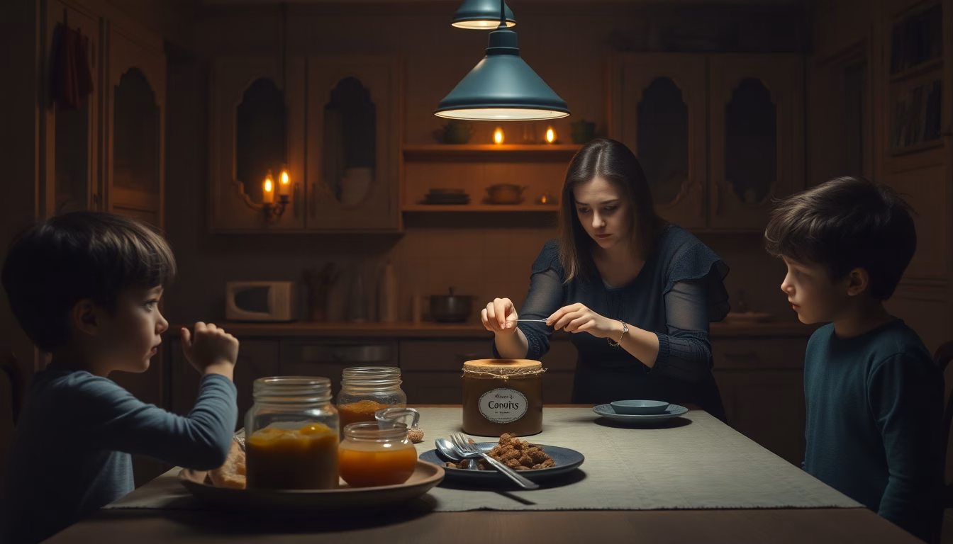 Une famille dans l'obscurité d'une maison lors d'une panne de courant, l'air inquiet.