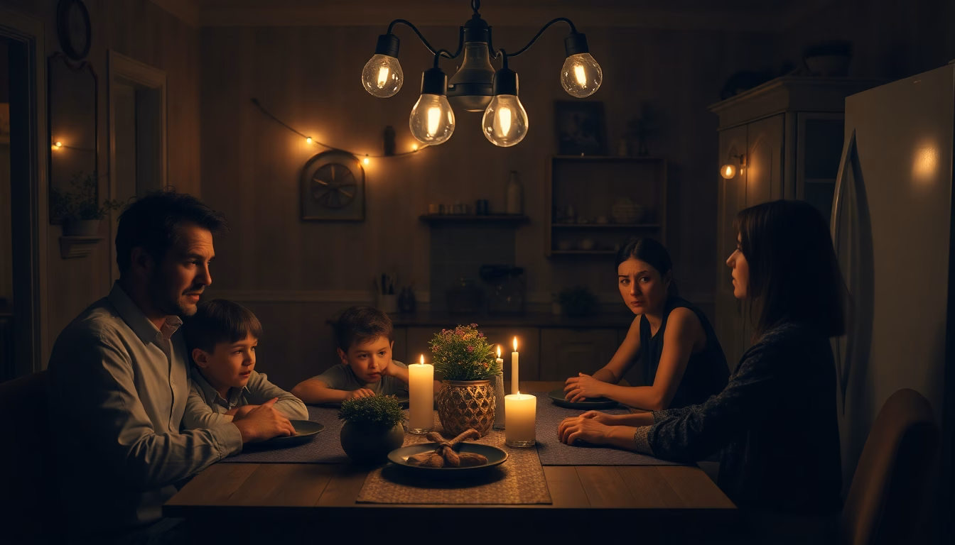 Scène de cuisine sombre avec une famille perplexe devant des repas non préparés