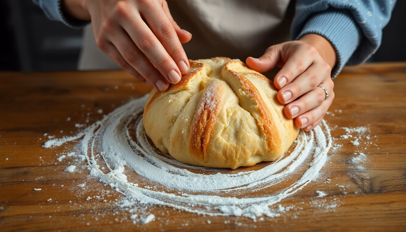 Une belle miche de pain artisanal à la croûte dorée et craquelée, posée sur une planche en bois.