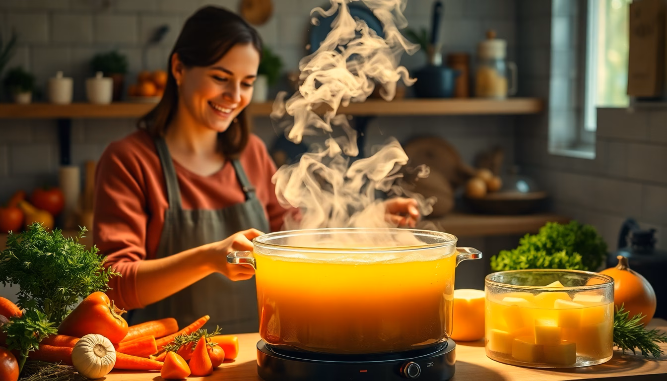 Bocal en verre rempli de bouillon de légumes fait maison, avec des morceaux de légumes visibles.
