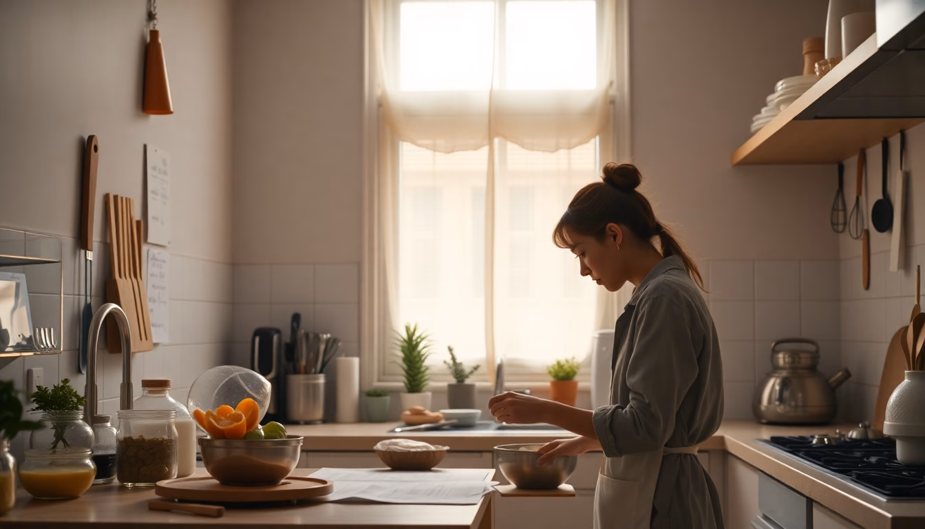 Une personne souriante en train de cuisiner, montrant son enthousiasme retrouvé.
