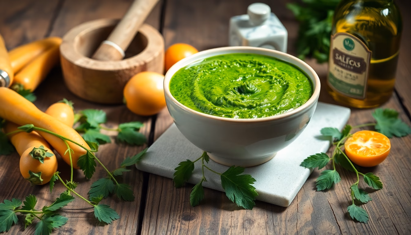 Pesto vert vif préparé à partir de fanes de carottes dans un bol