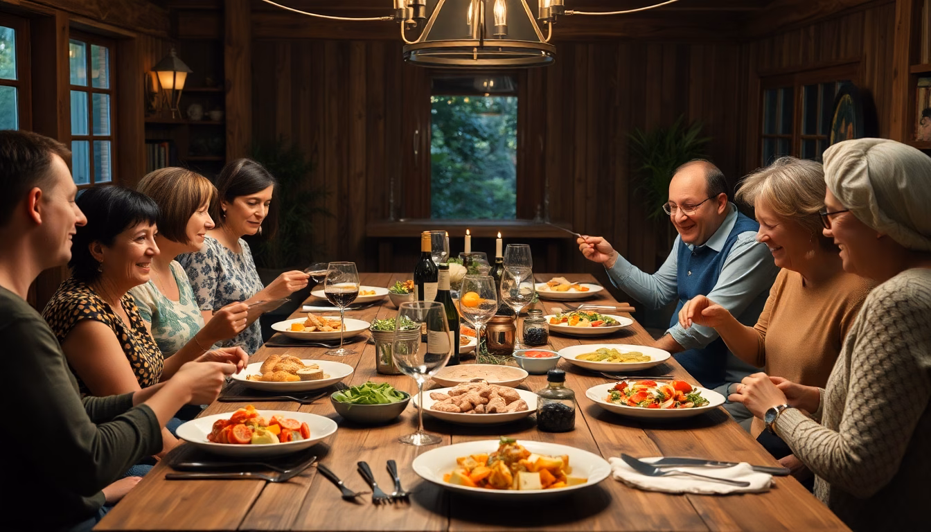Famille souriante partageant un repas copieux préparé avec des restes.