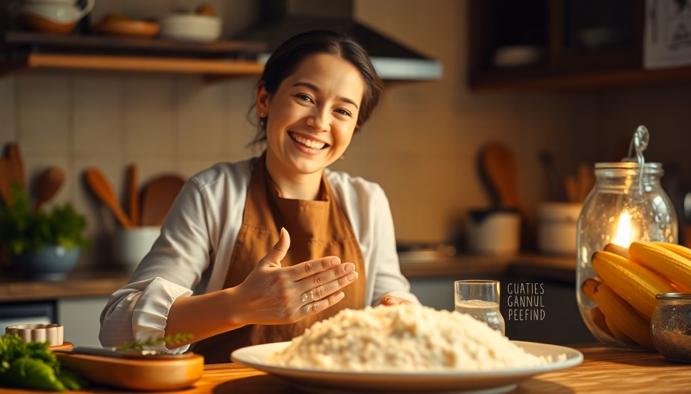 Une personne regardant avec satisfaction un plat joliment dressé, avec une citation inspirante superposée à l'image.