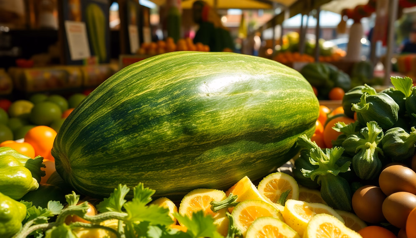 Gros plan sur une courgette bio d'une variété inédite, mise en valeur sur un marché.