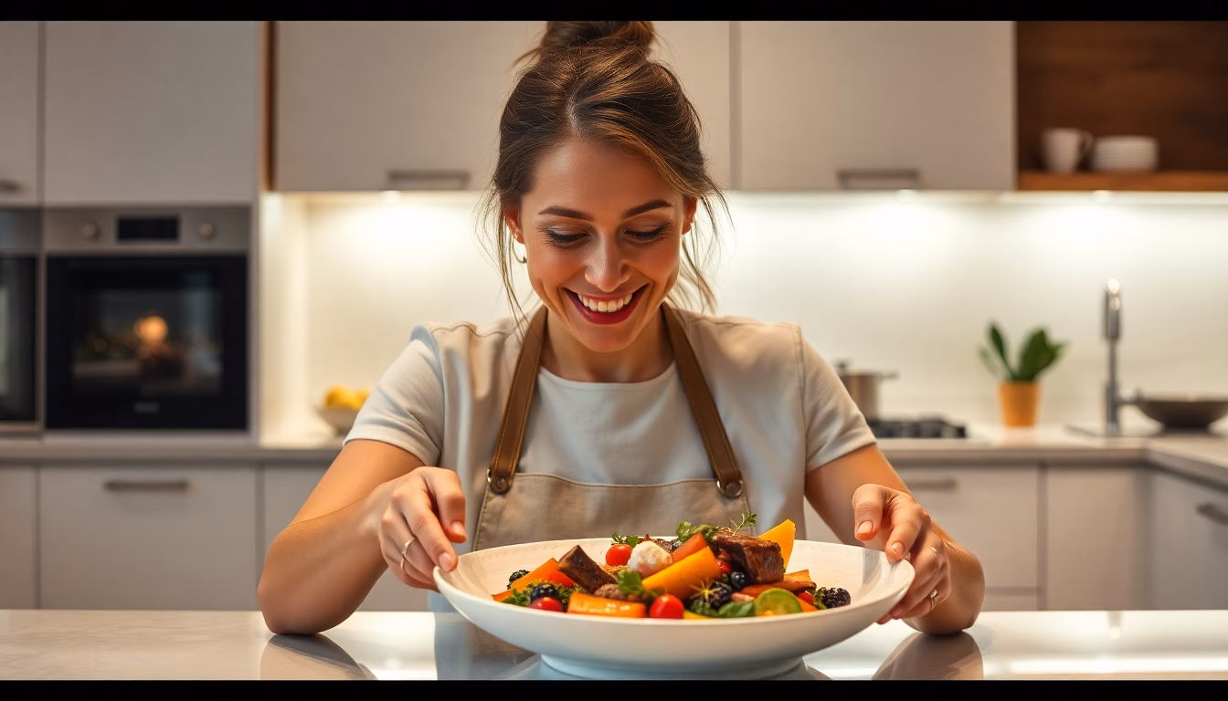 Personne souriante savourant un plat fait maison