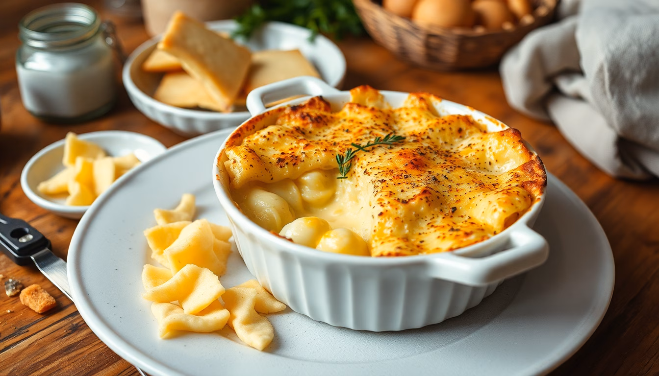 Un gratin de pâtes doré et appétissant sortant du four, préparé à partir de restes.