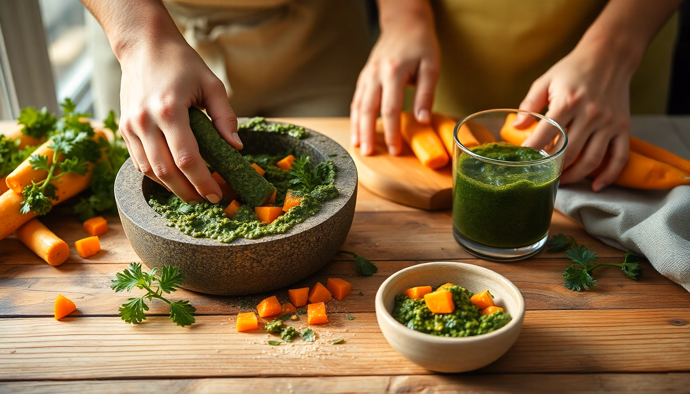 Pot de pesto vert vif à base d'épluchures de carottes