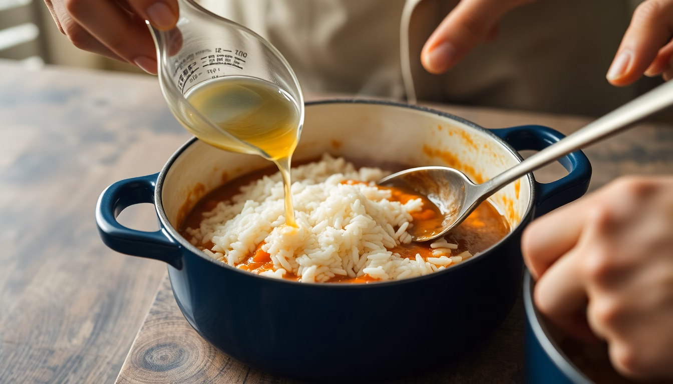 Une louche d'eau de cuisson de riz versée dans une sauce crémeuse.