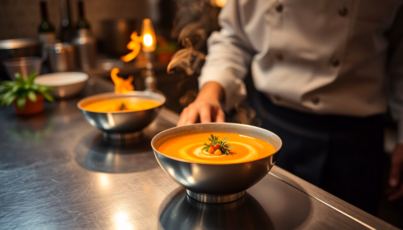 Des bols de soupe froide colorée et rafraîchissante, dressés avec des herbes fraîches.
