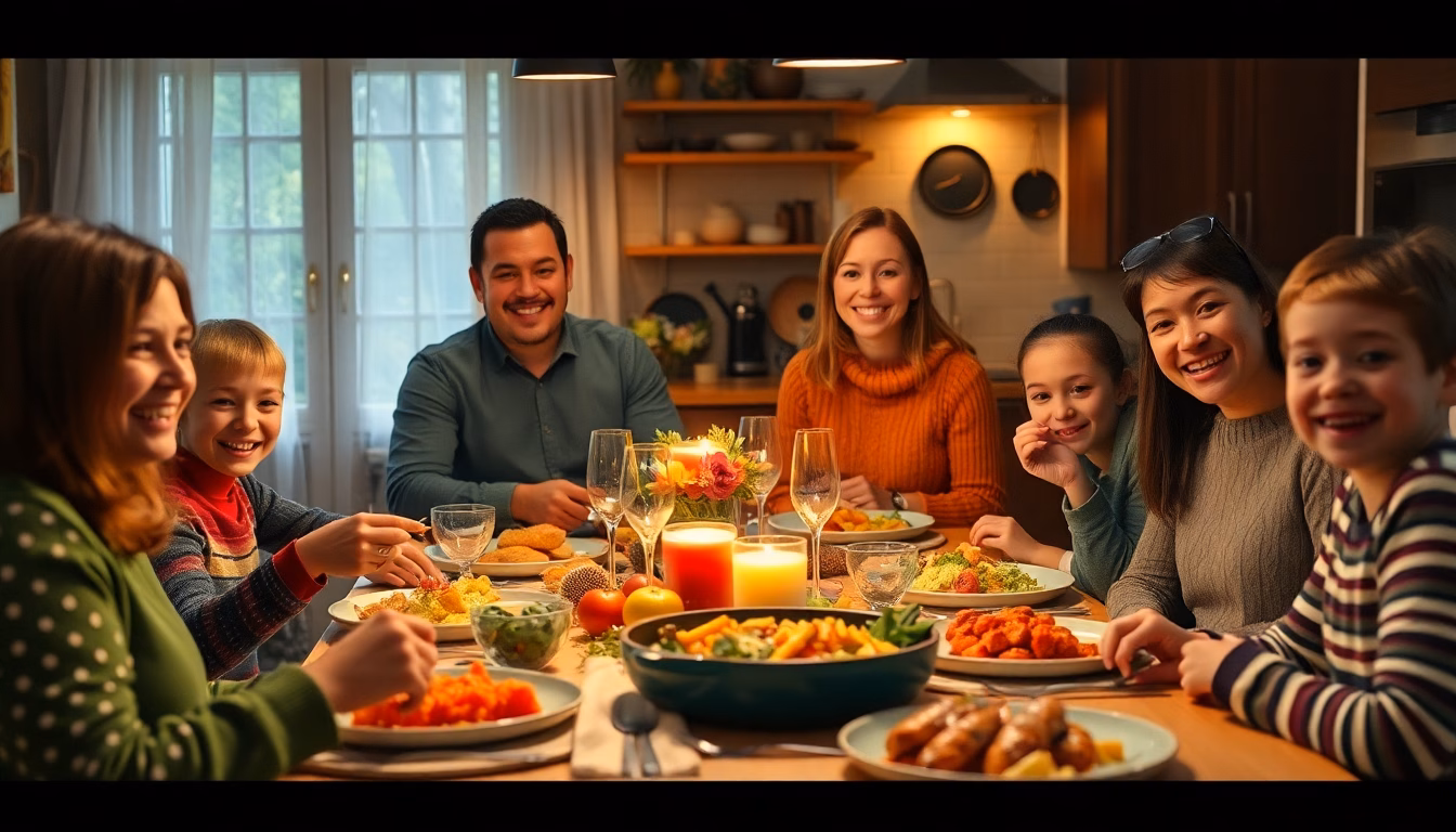 Une famille souriante partageant un repas convivial autour d'une table bien garnie.