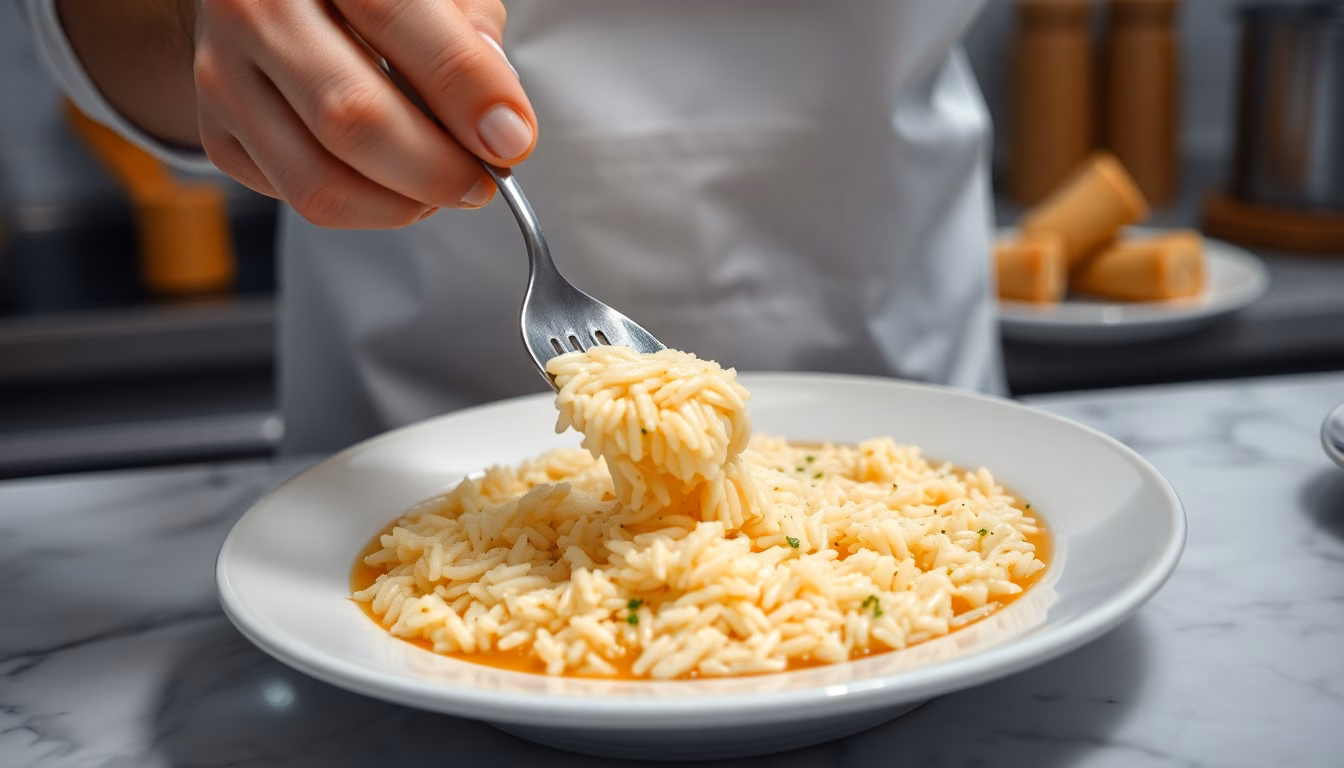 Une louche d'eau de cuisson de riz ajoutée à une sauce onctueuse.