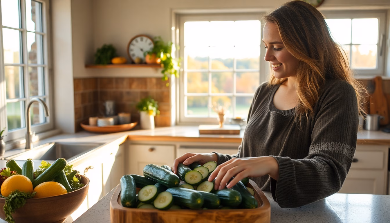 Une femme heureuse tenant une courgette tardive