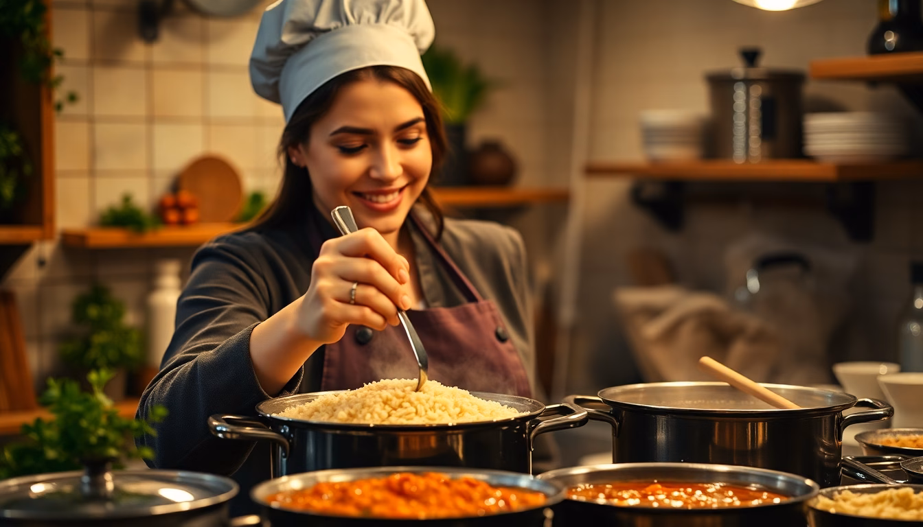 Louche versant une sauce onctueuse dans un plat, avec des grains de riz subtilement visibles.