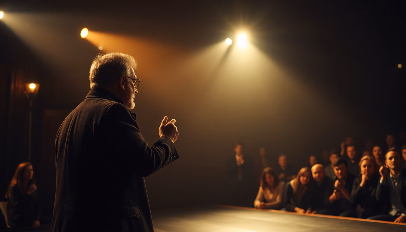 Philippe Caubère sur scène dans un éclairage théâtral