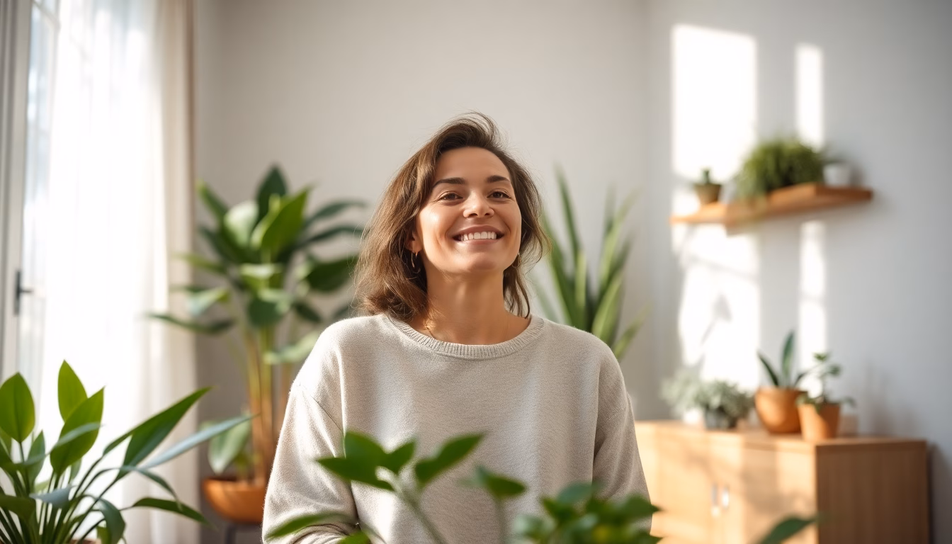 Personne HPI souriante dans un intérieur