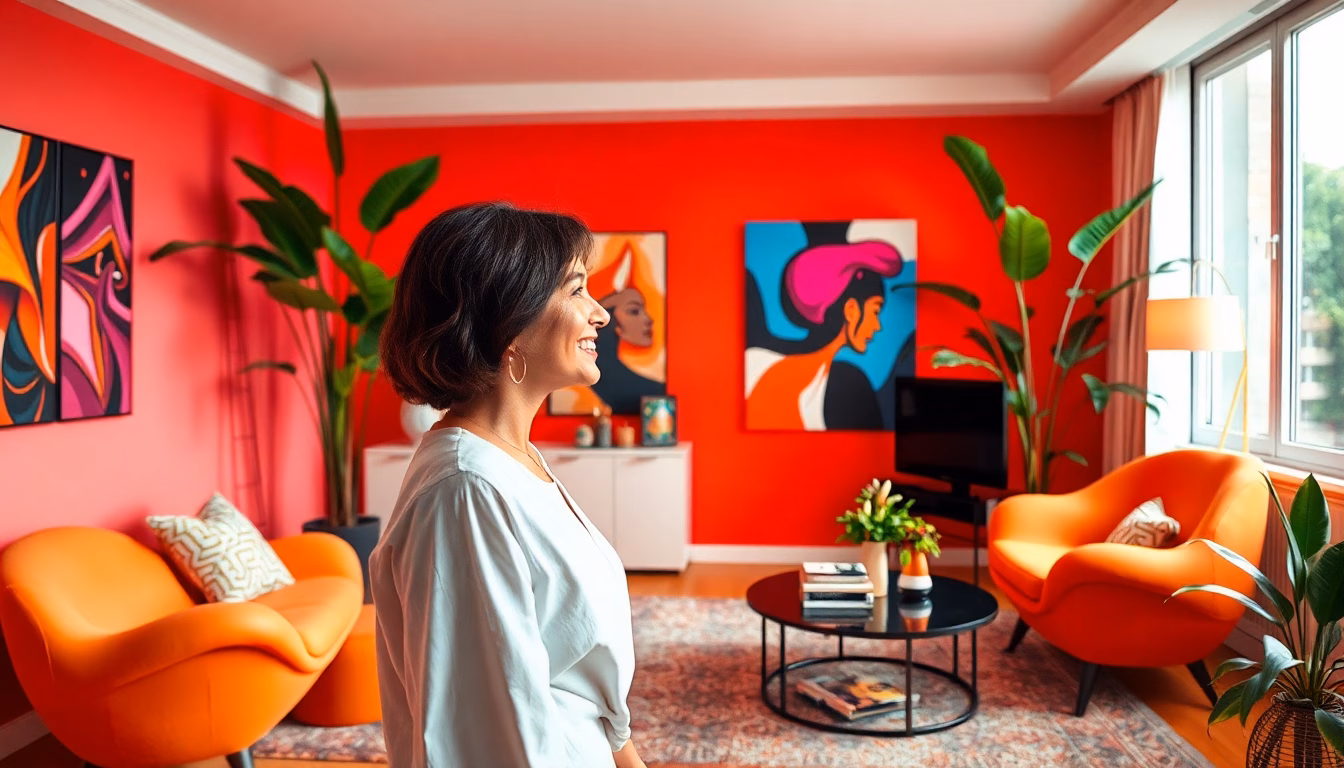 Salon moderne avec plantes et couleurs pastel