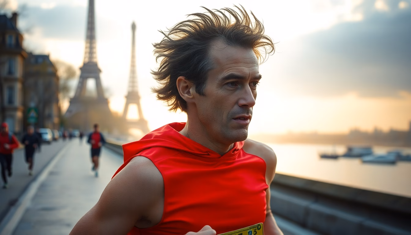coureur franchissant la ligne d'arrivée des 20km de Paris