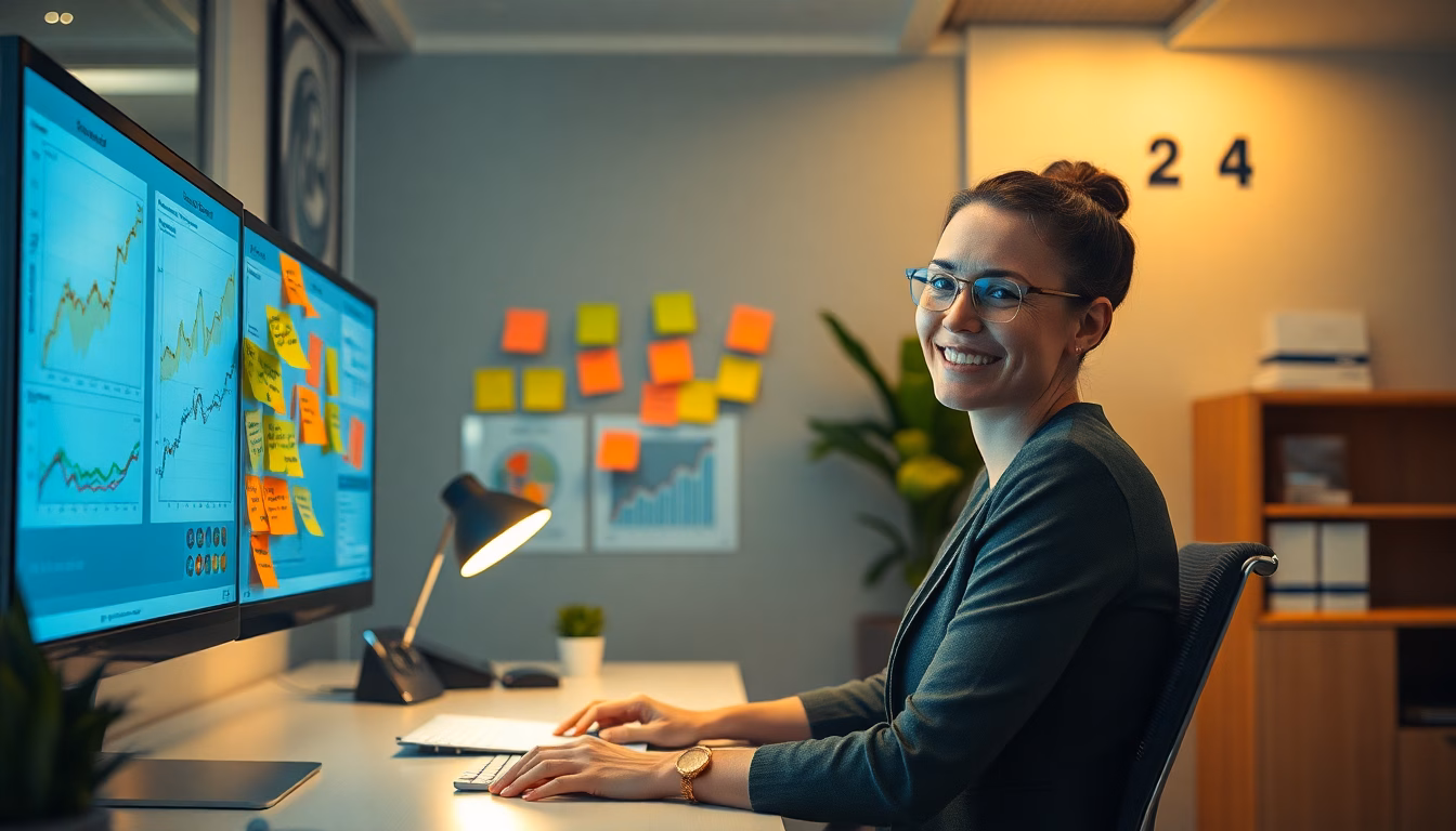 ordinateur portable avec graphiques de performance et icônes de productivité