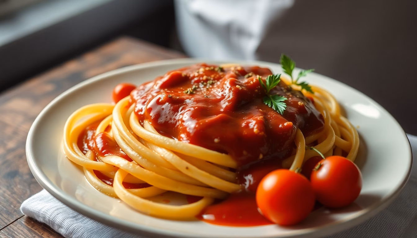 pâtes sauce tomate onctueuse, basilic frais